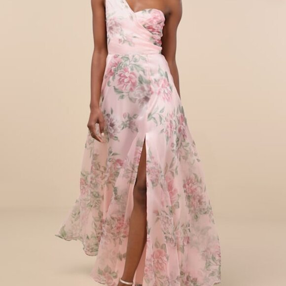Lulus Truly Extraordinary Pink Floral Organza One-shoulder Maxi Dress - Size M - Picture 1 of 5